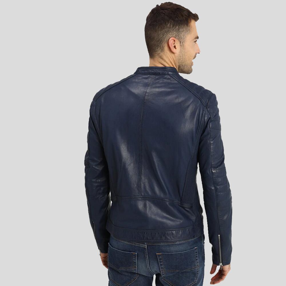 Olin Blue Biker Leather Jacket - Shearling leather