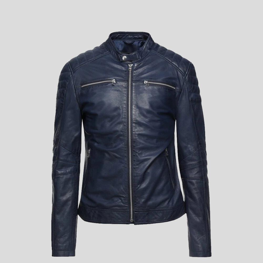 Olin Blue Biker Leather Jacket - Shearling leather