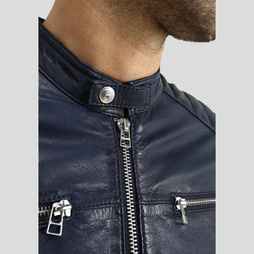 Olin Blue Biker Leather Jacket - Shearling leather