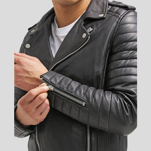 Cain Black Slim Fit Biker Leather Jacket - Shearling leather