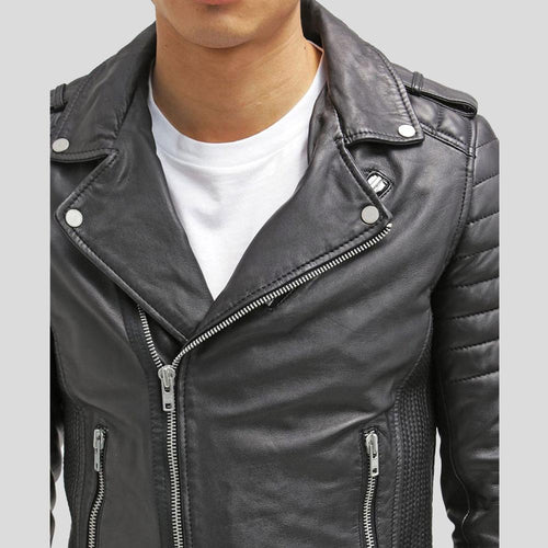 Cain Black Slim Fit Biker Leather Jacket - Shearling leather