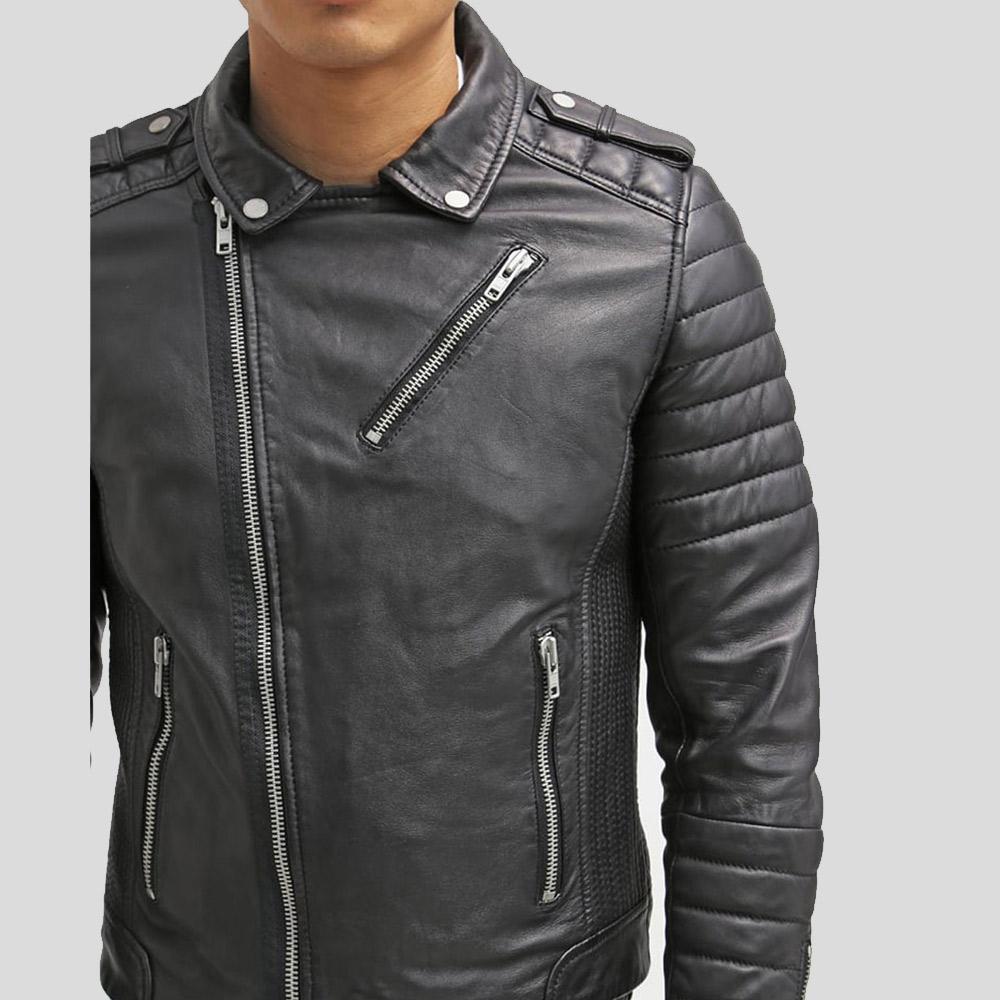 Cain Black Slim Fit Biker Leather Jacket - Shearling leather
