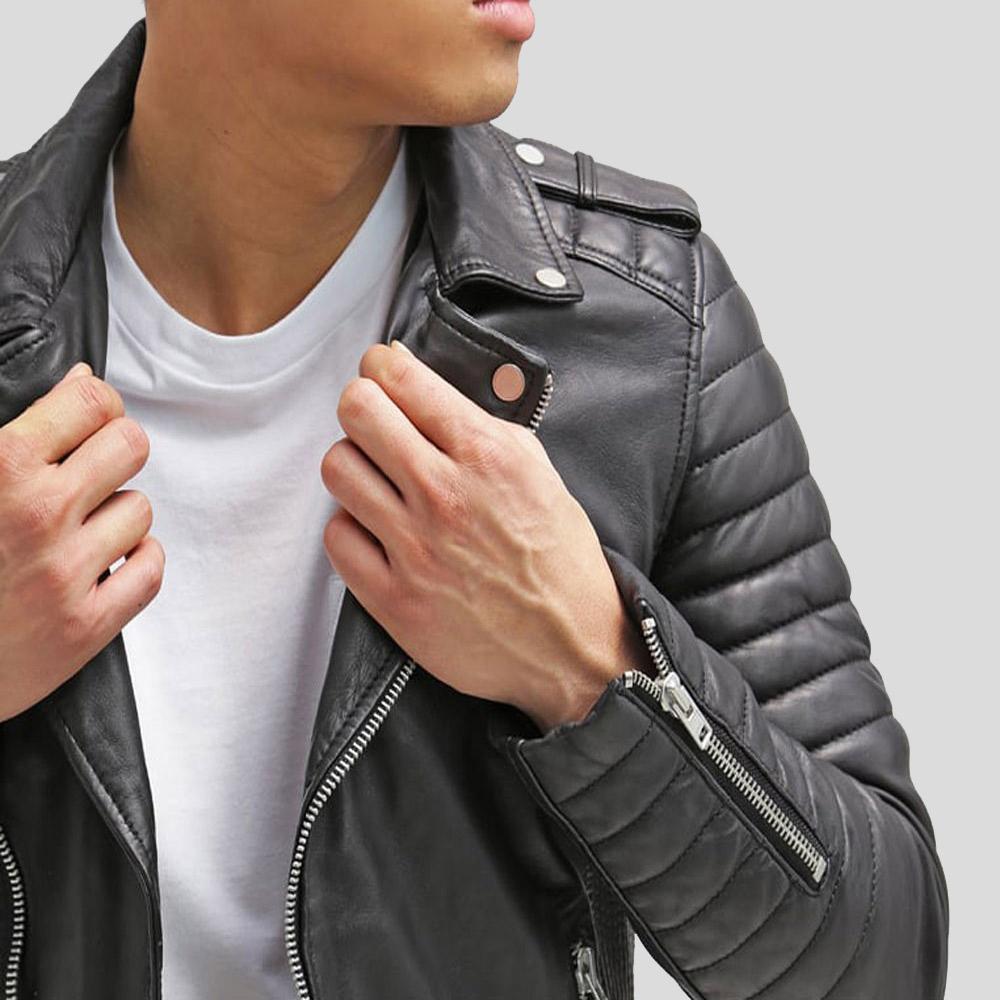 Cain Black Slim Fit Biker Leather Jacket - Shearling leather