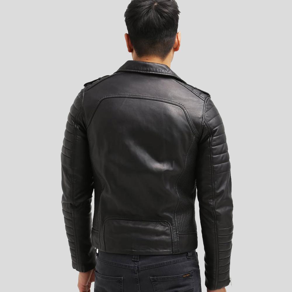 Cain Black Slim Fit Biker Leather Jacket - Shearling leather