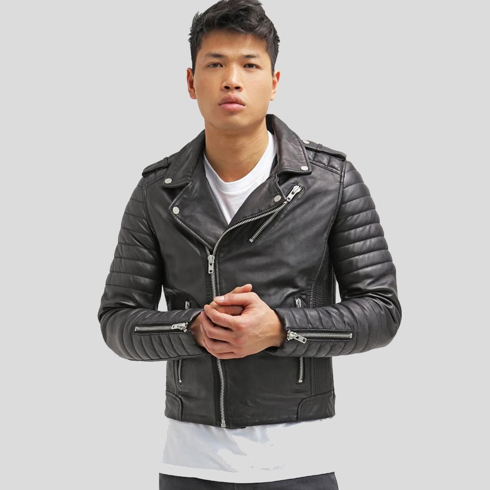 Cain Black Slim Fit Biker Leather Jacket - Shearling leather