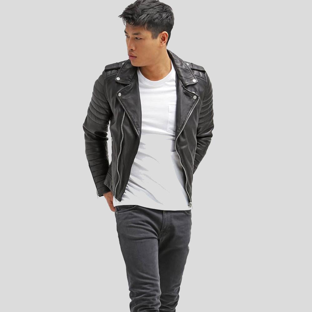 Cain Black Slim Fit Biker Leather Jacket - Shearling leather