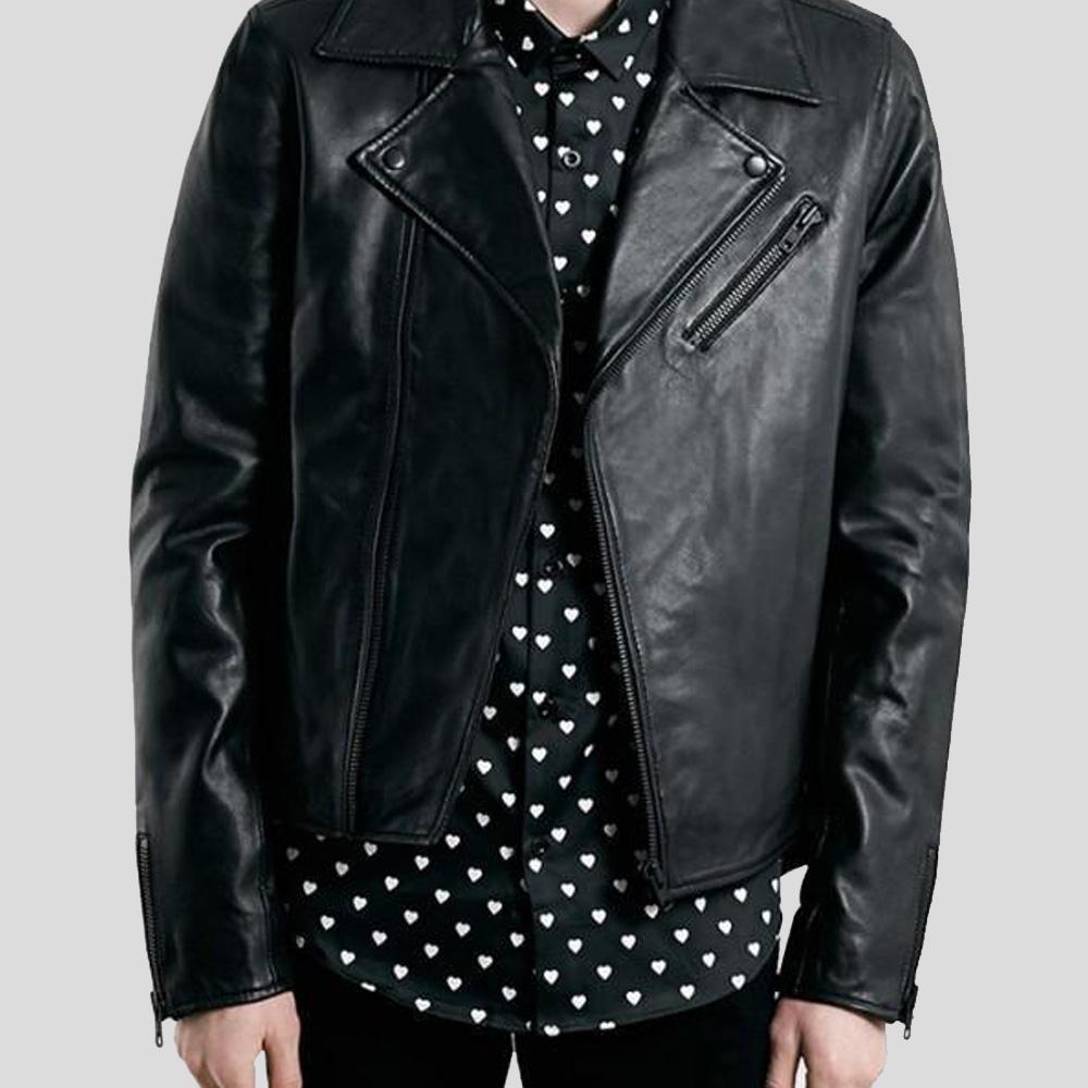Caleb Black Biker Leather Jacket - Shearling leather