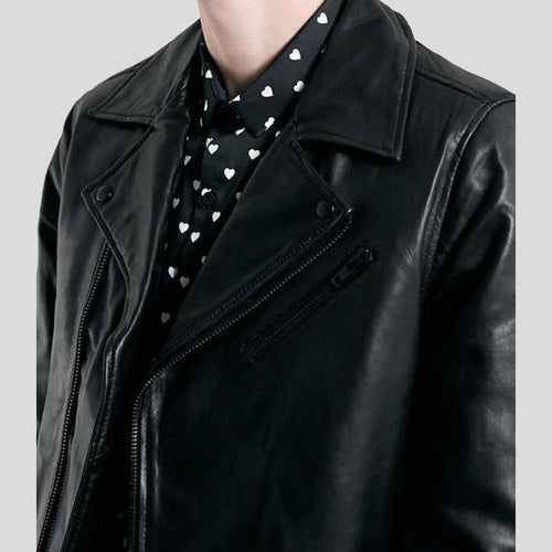 Caleb Black Biker Leather Jacket - Shearling leather