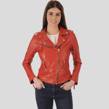 Load image into Gallery viewer, Callie Red Biker Leather Jacket - Shearling leather
