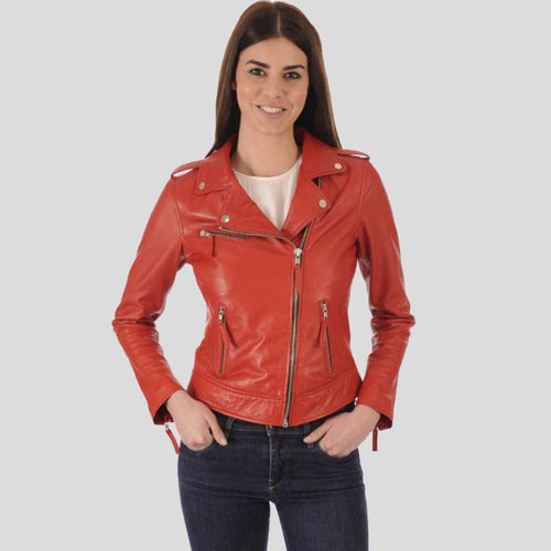 Callie Red Biker Leather Jacket - Shearling leather