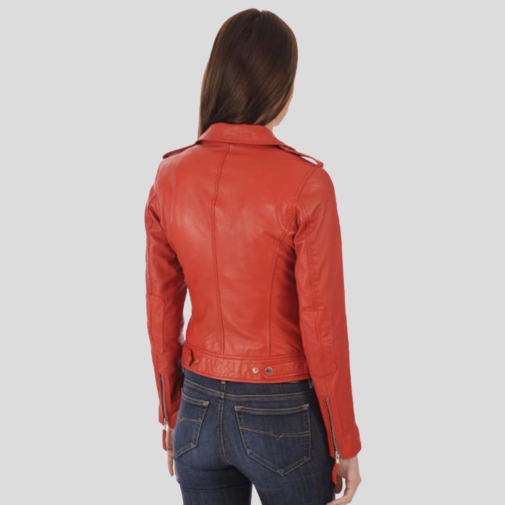 Callie Red Biker Leather Jacket - Shearling leather