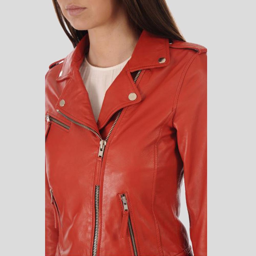 Callie Red Biker Leather Jacket - Shearling leather
