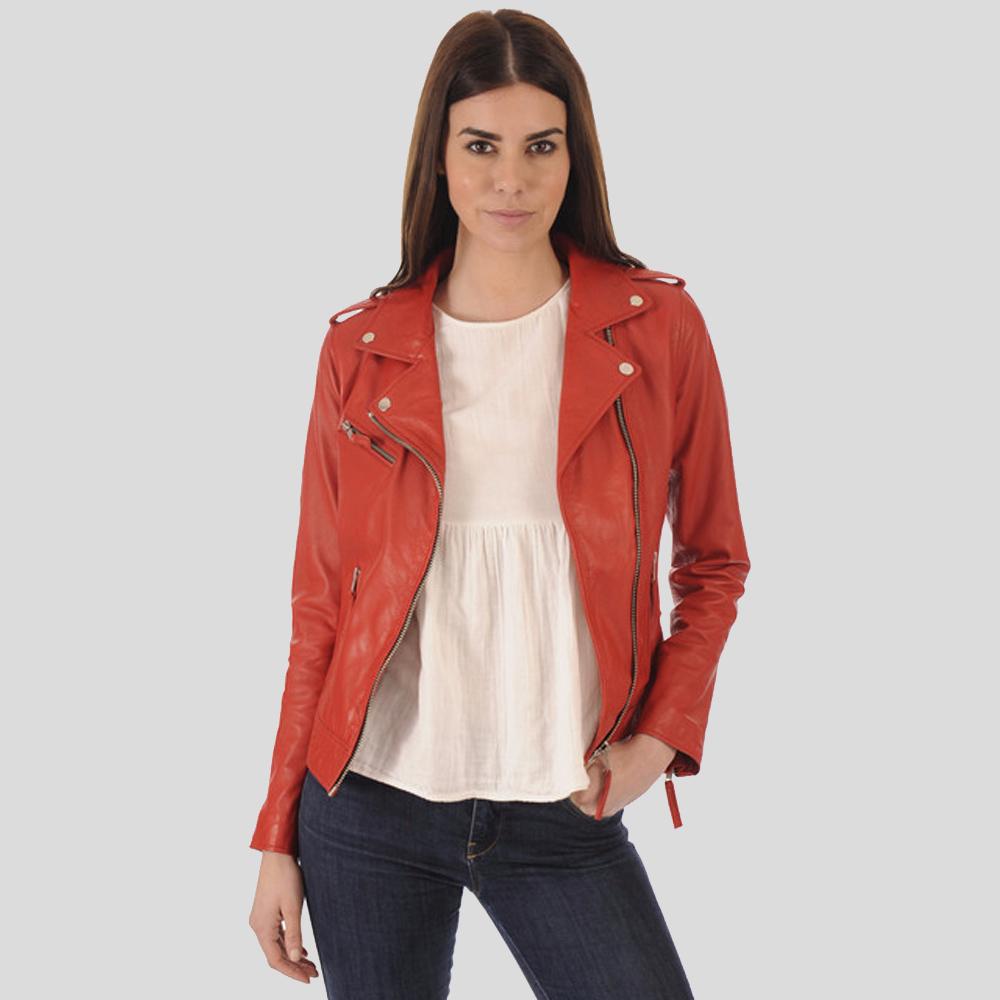 Callie Red Biker Leather Jacket - Shearling leather