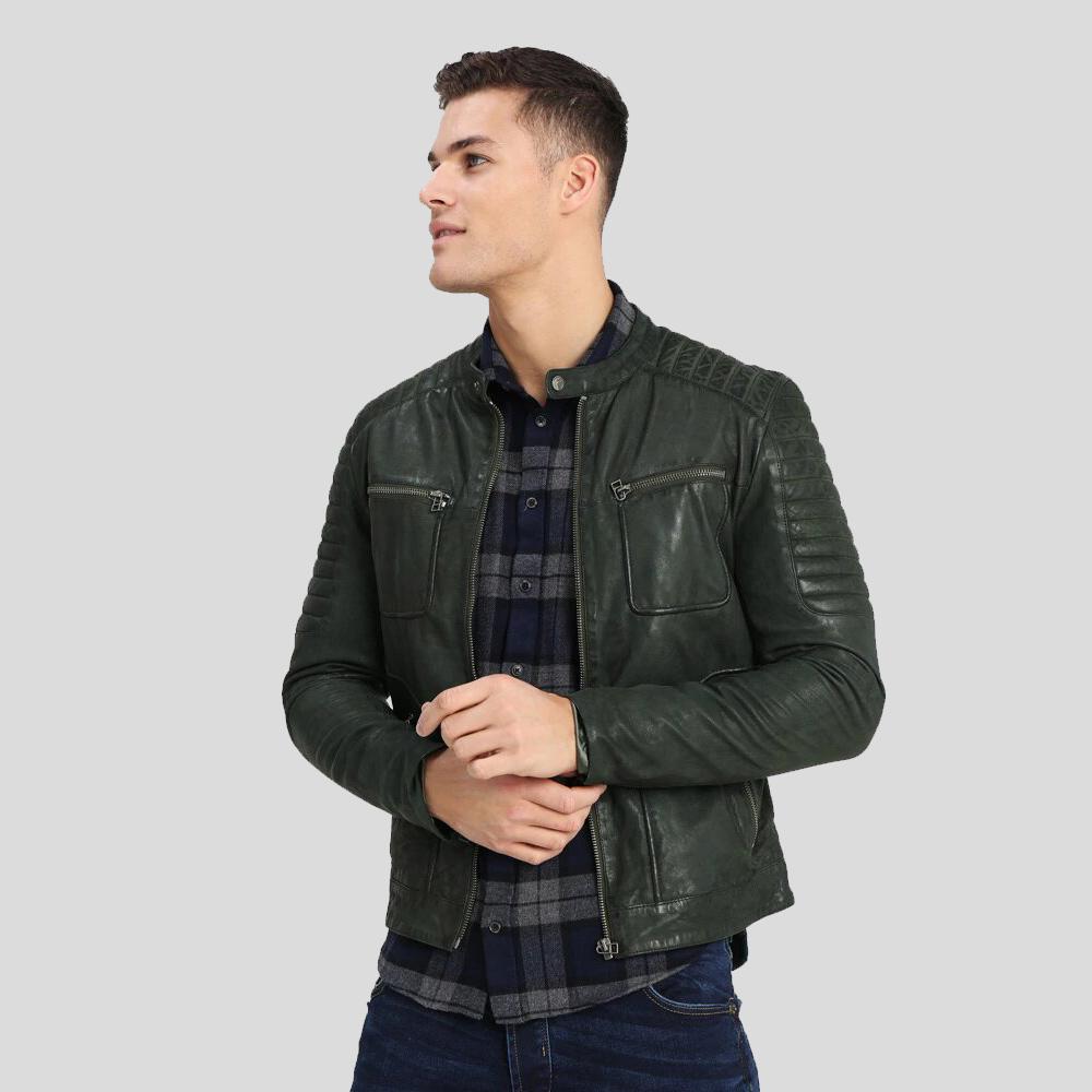 Cleo Green Biker Leather Jacket - Shearling leather