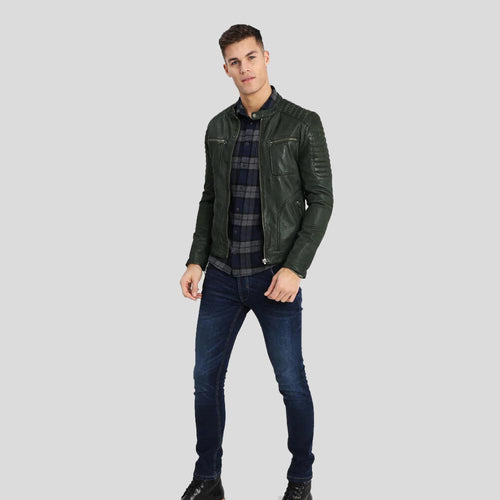 Cleo Green Biker Leather Jacket - Shearling leather
