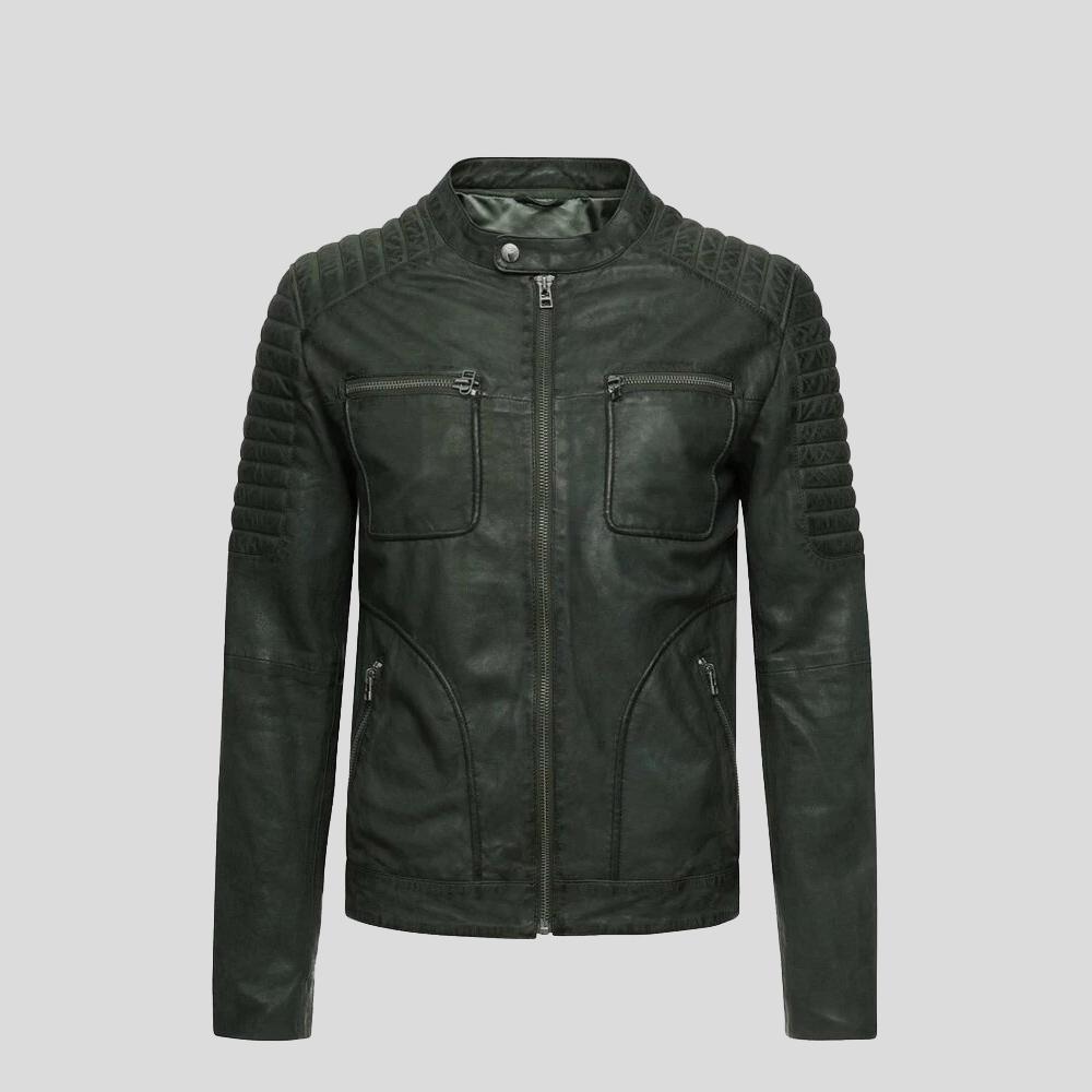 Cleo Green Biker Leather Jacket - Shearling leather