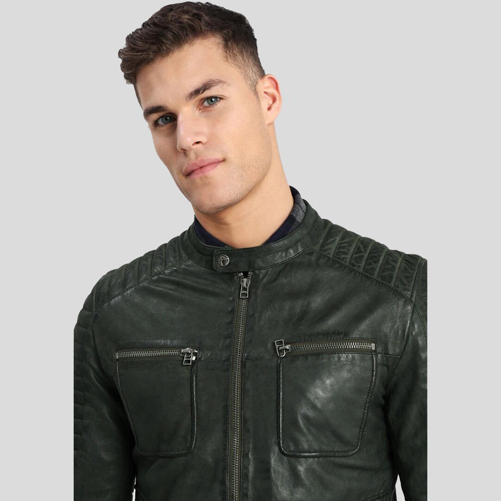 Cleo Green Biker Leather Jacket - Shearling leather
