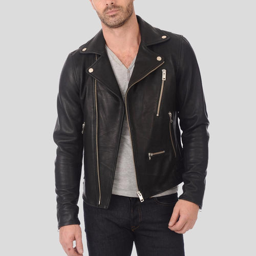 Coby Black Biker Leather Jacket - Shearling leather