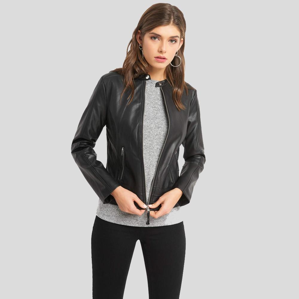 Cora Black Biker Leather Jacket - Shearling leather