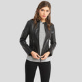 Cora Black Biker Leather Jacket - Shearling leather