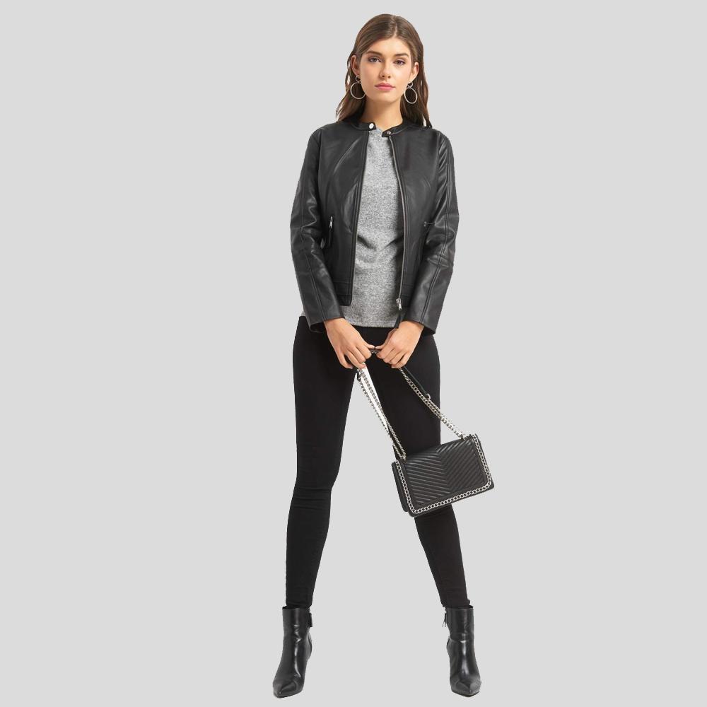 Cora Black Biker Leather Jacket - Shearling leather
