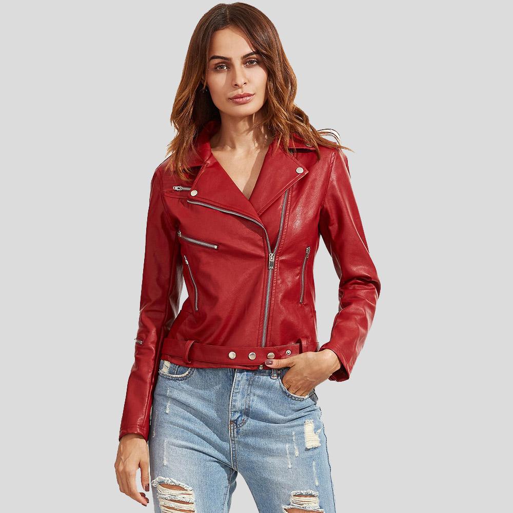 Diana Red Biker Leather Jacket - Shearling leather