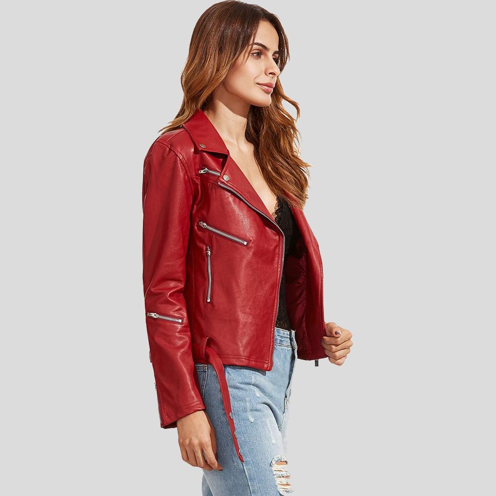 Diana Red Biker Leather Jacket - Shearling leather