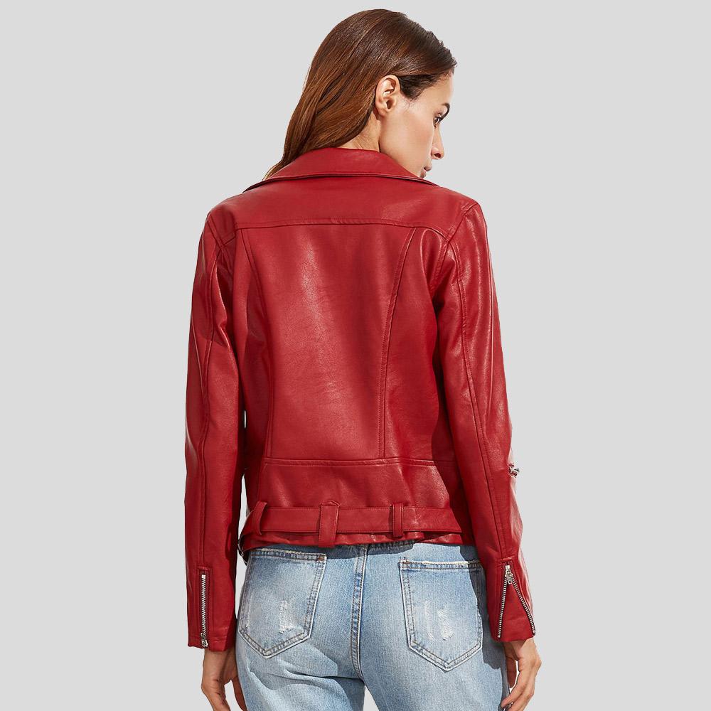 Diana Red Biker Leather Jacket - Shearling leather
