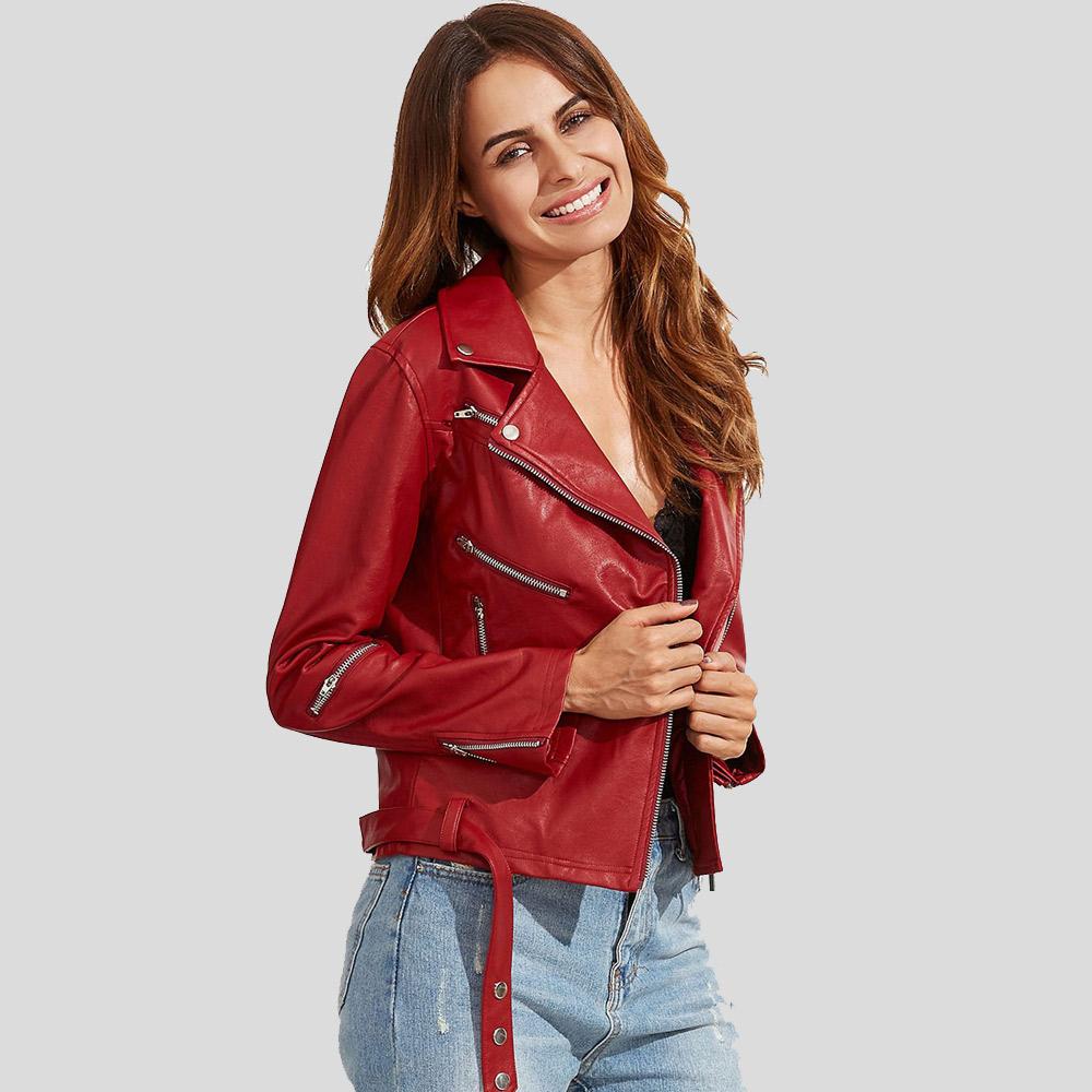 Diana Red Biker Leather Jacket - Shearling leather