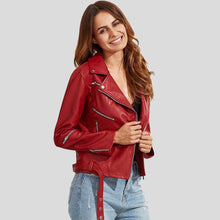 Load image into Gallery viewer, Diana Red Biker Leather Jacket - Shearling leather
