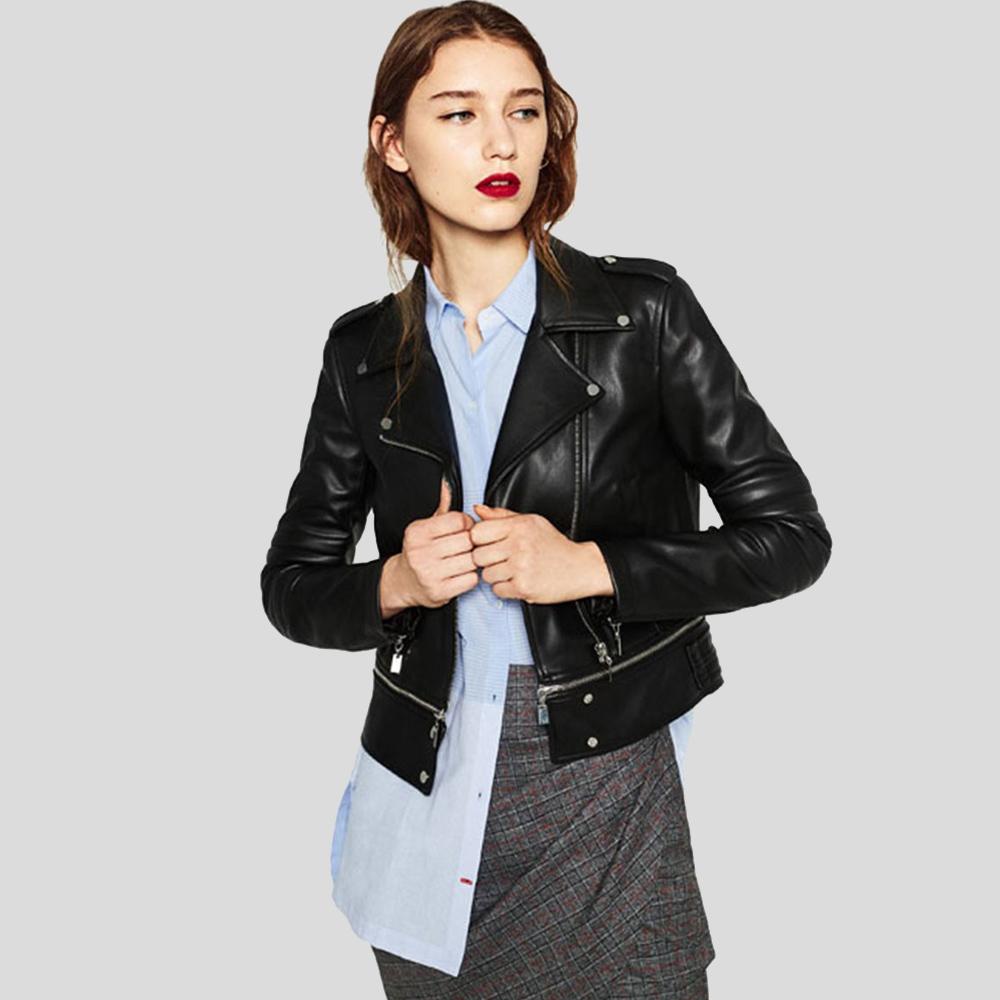 Elise Black Biker Leather Jacket - Shearling leather