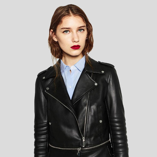 Elise Black Biker Leather Jacket - Shearling leather