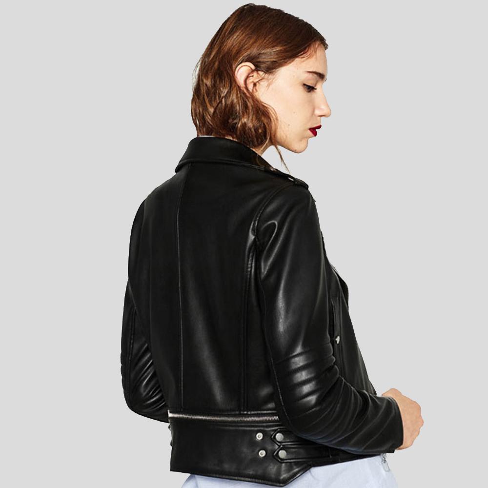 Elise Black Biker Leather Jacket - Shearling leather
