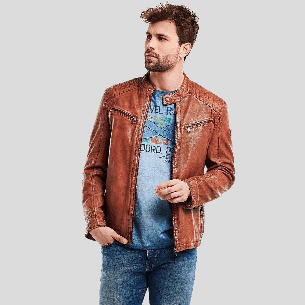Finley Brown Biker Leather Jacket - Shearling leather