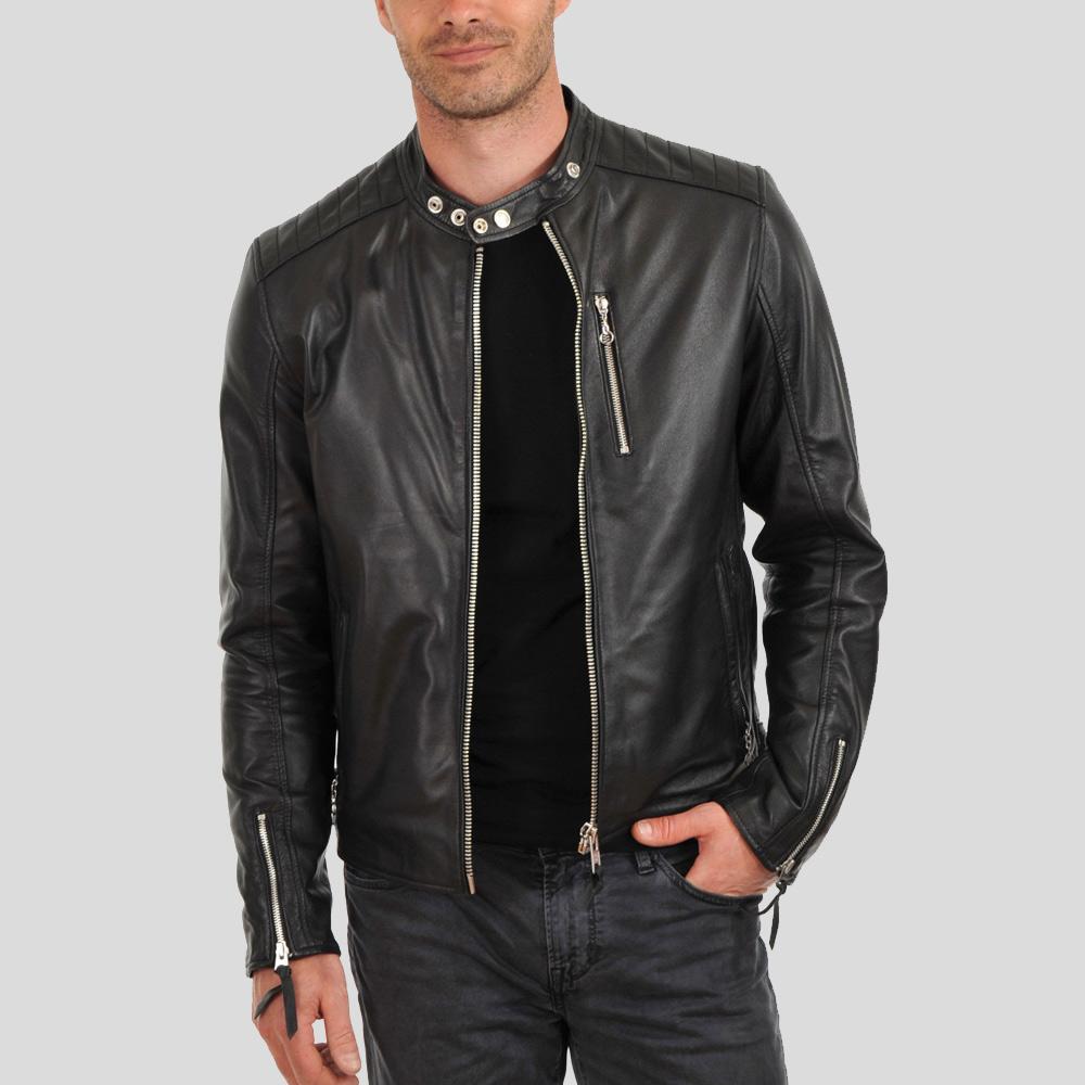 Fraser Black Biker Leather Jacket - Shearling leather