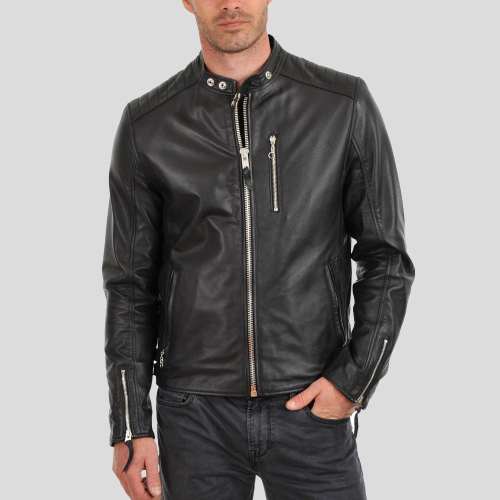 Fraser Black Biker Leather Jacket - Shearling leather