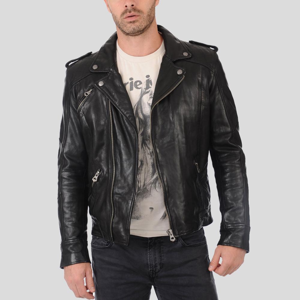 Gregor Black Biker Leather Jacket - Shearling leather