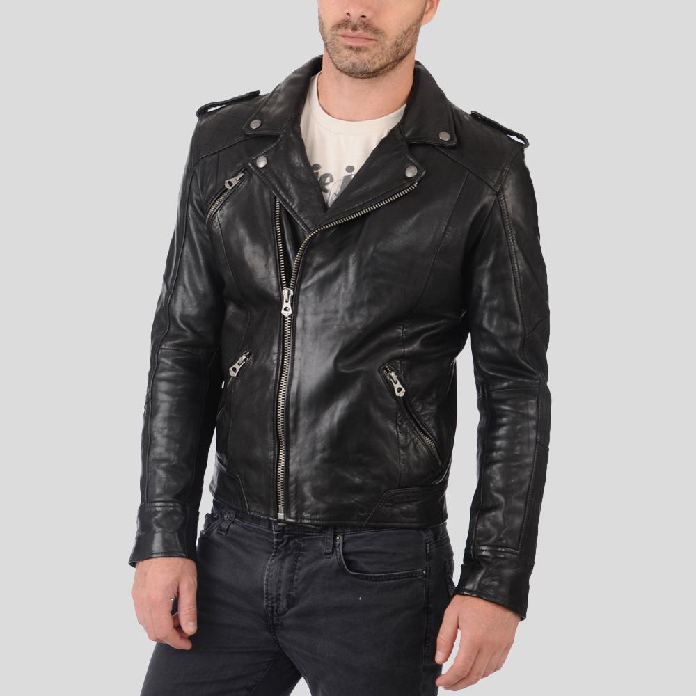 Gregor Black Biker Leather Jacket - Shearling leather