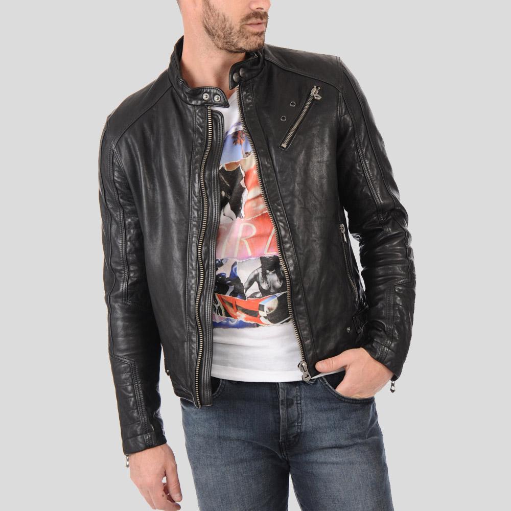 Hector Black Biker Leather Jacket - Shearling leather