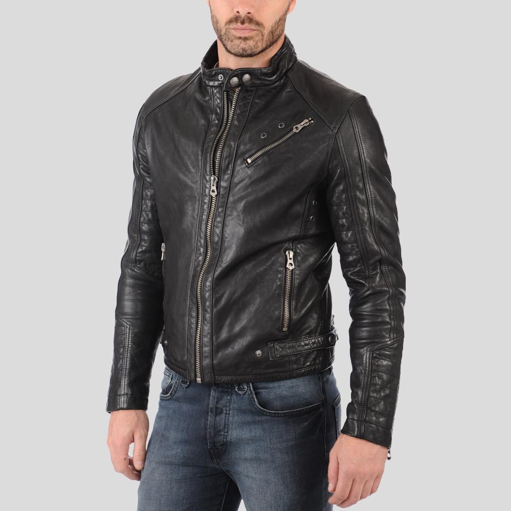 Hector Black Biker Leather Jacket - Shearling leather