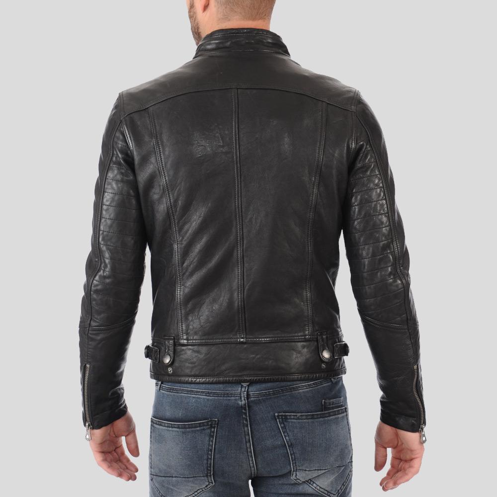 Hector Black Biker Leather Jacket - Shearling leather