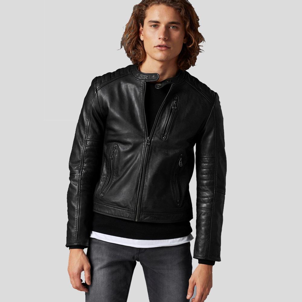 Jake Black Slim Fit Biker Leather Jacket - Shearling leather