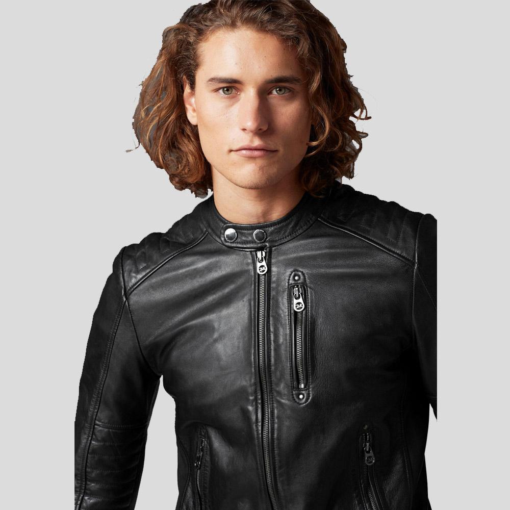 Jake Black Slim Fit Biker Leather Jacket - Shearling leather