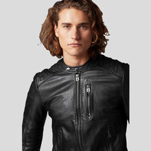Load image into Gallery viewer, Jake Black Slim Fit Biker Leather Jacket - Shearling leather
