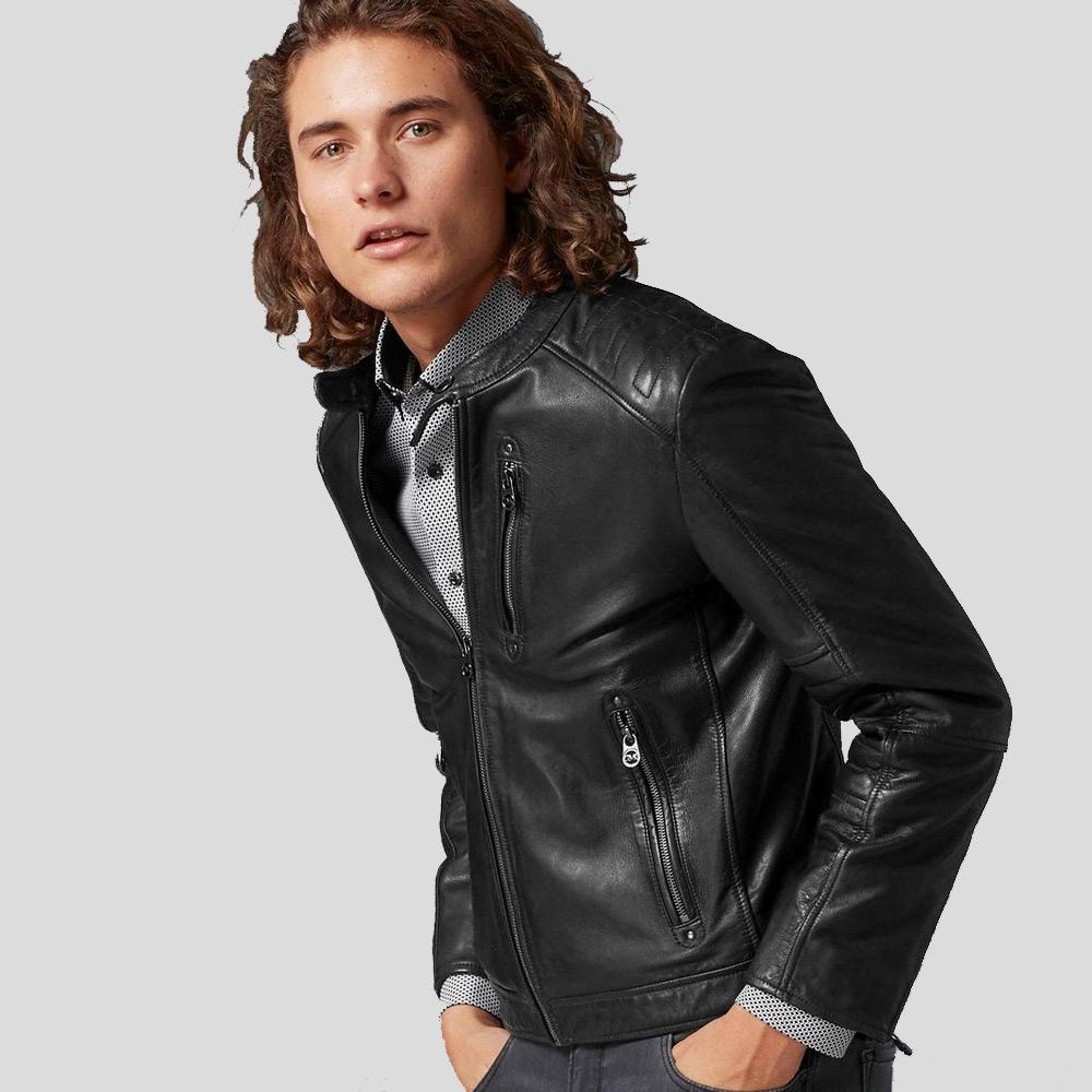 Jake Black Slim Fit Biker Leather Jacket - Shearling leather