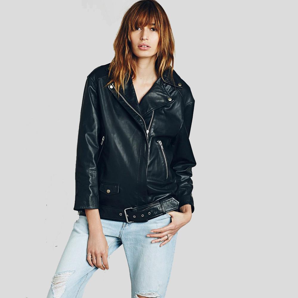 Lucia Black Biker Leather Jacket - Shearling leather
