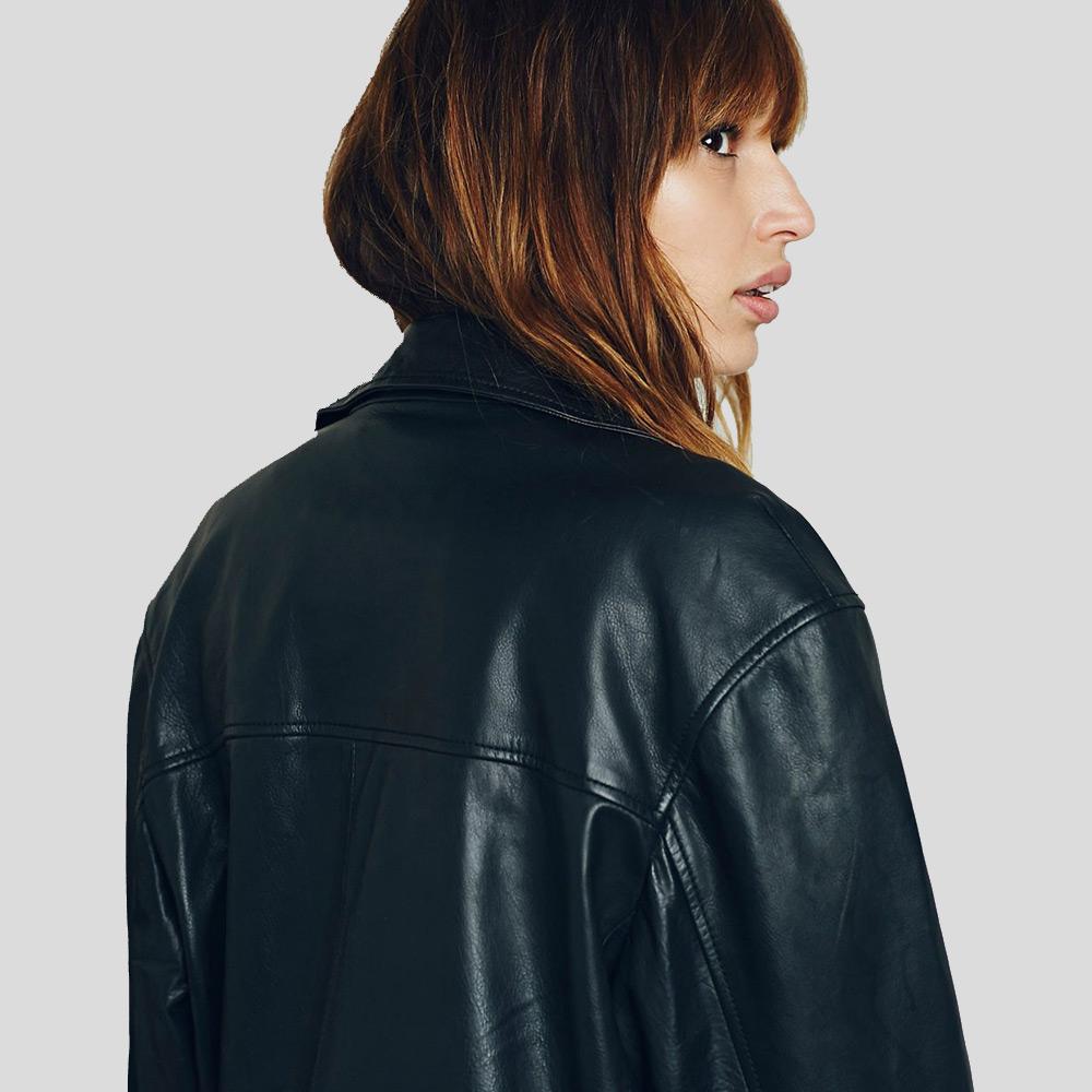 Lucia Black Biker Leather Jacket - Shearling leather