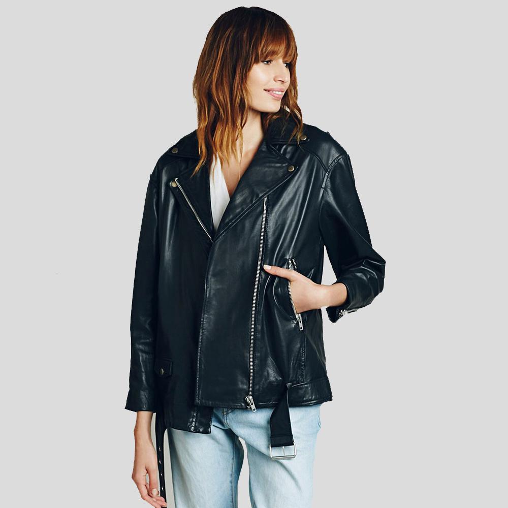 Lucia Black Biker Leather Jacket - Shearling leather