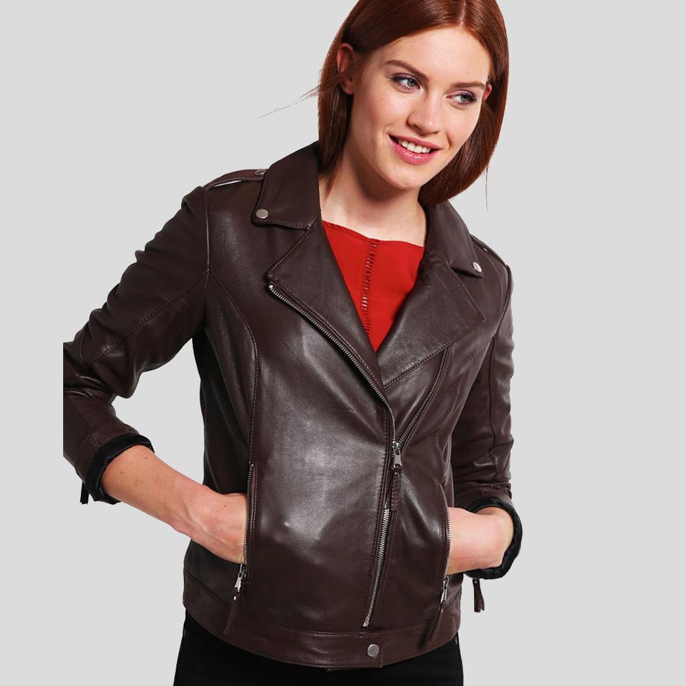Luna Brown Biker Leather Jacket - Shearling leather