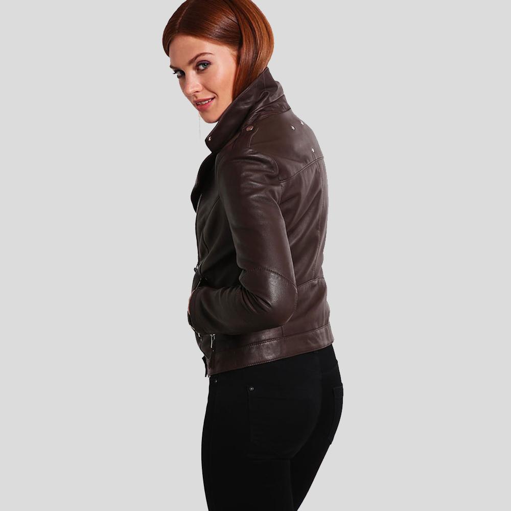 Luna Brown Biker Leather Jacket - Shearling leather